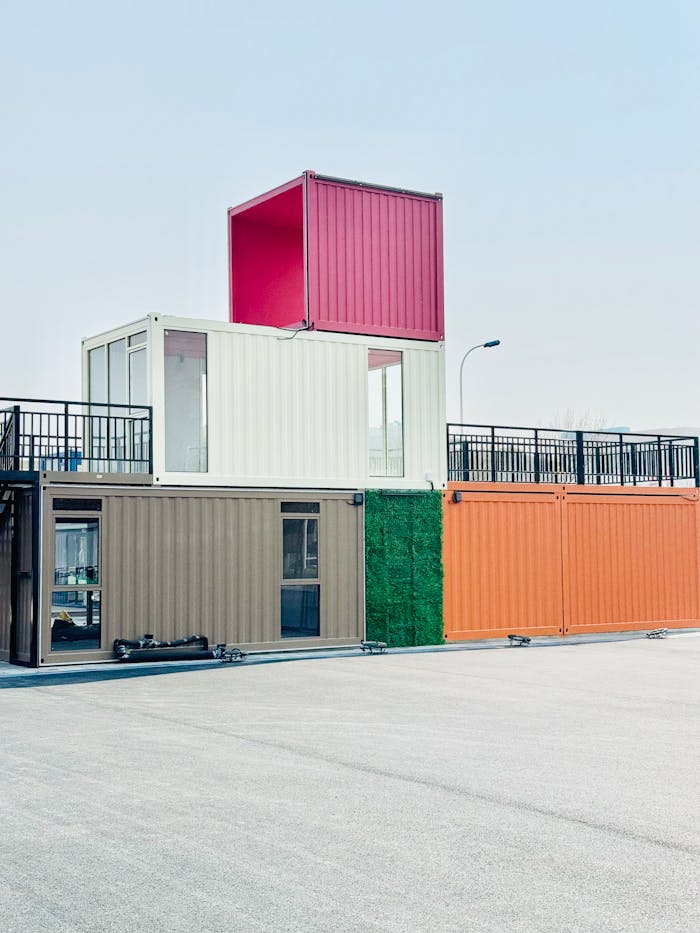 Stacked shipping containers form a modern building in Baoshui District, Tianjin.